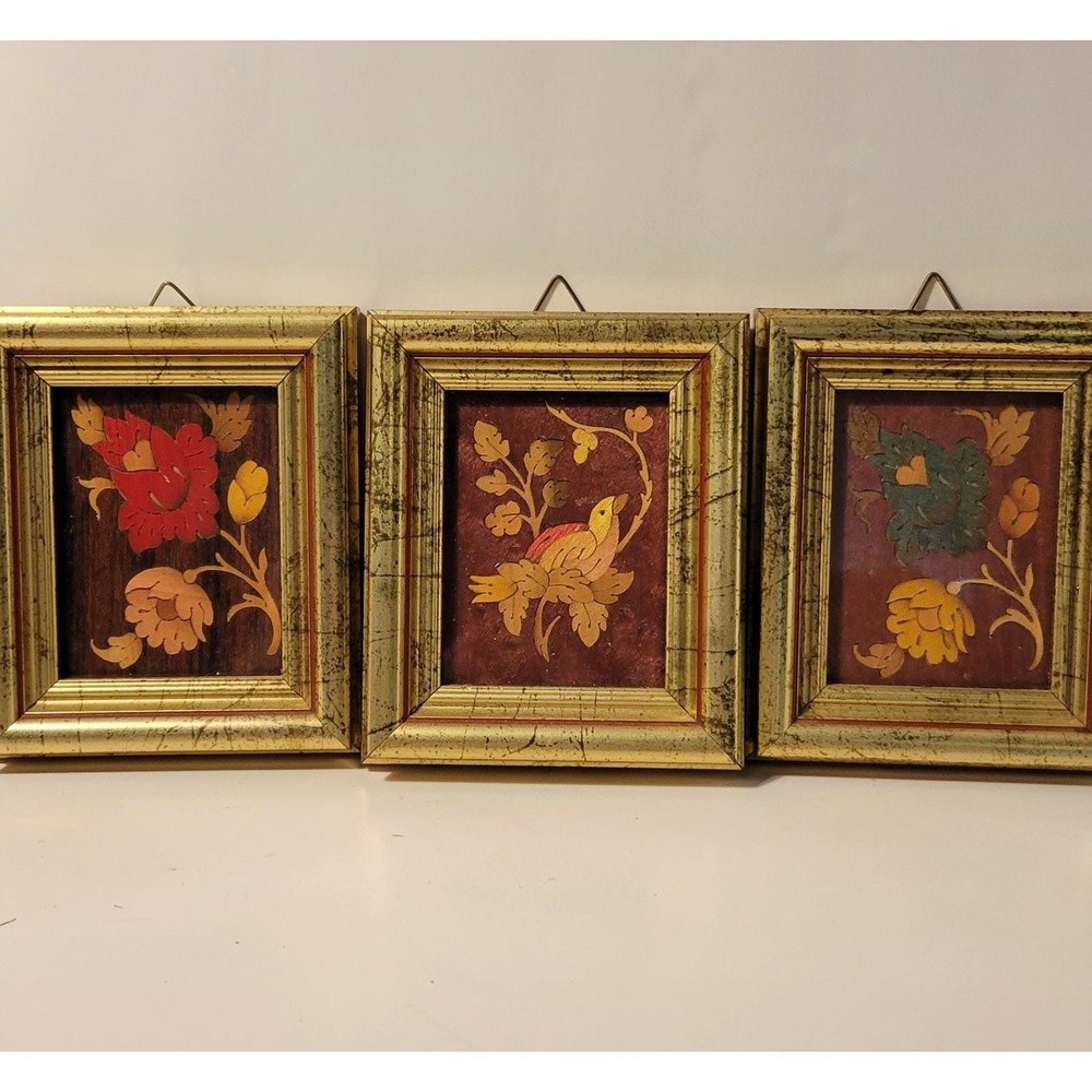 Vintage Sorrento Handmade Wood Marquetry/ Intarsia Bird Floral Wall Hanging Set3